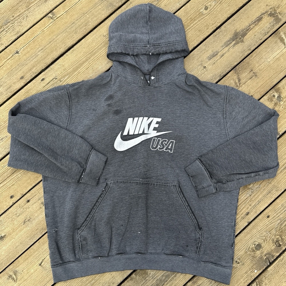Nike USA Hoodie XXL Grey Swoosh Pullover‎ Sweatshirt Mens Distressed Y2K